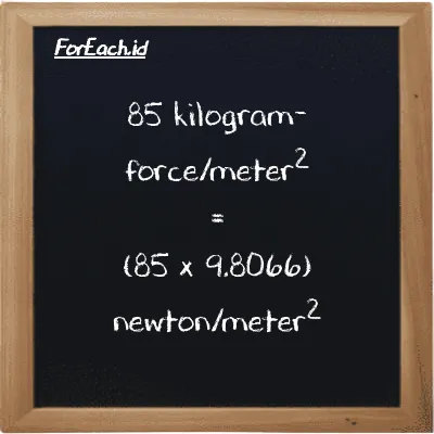 85 kilogram-force/meter<sup>2</sup> is equivalent to 833.57 newton/meter<sup>2</sup> (85 kgf/m<sup>2</sup> is equivalent to 833.57 N/m<sup>2</sup>)
